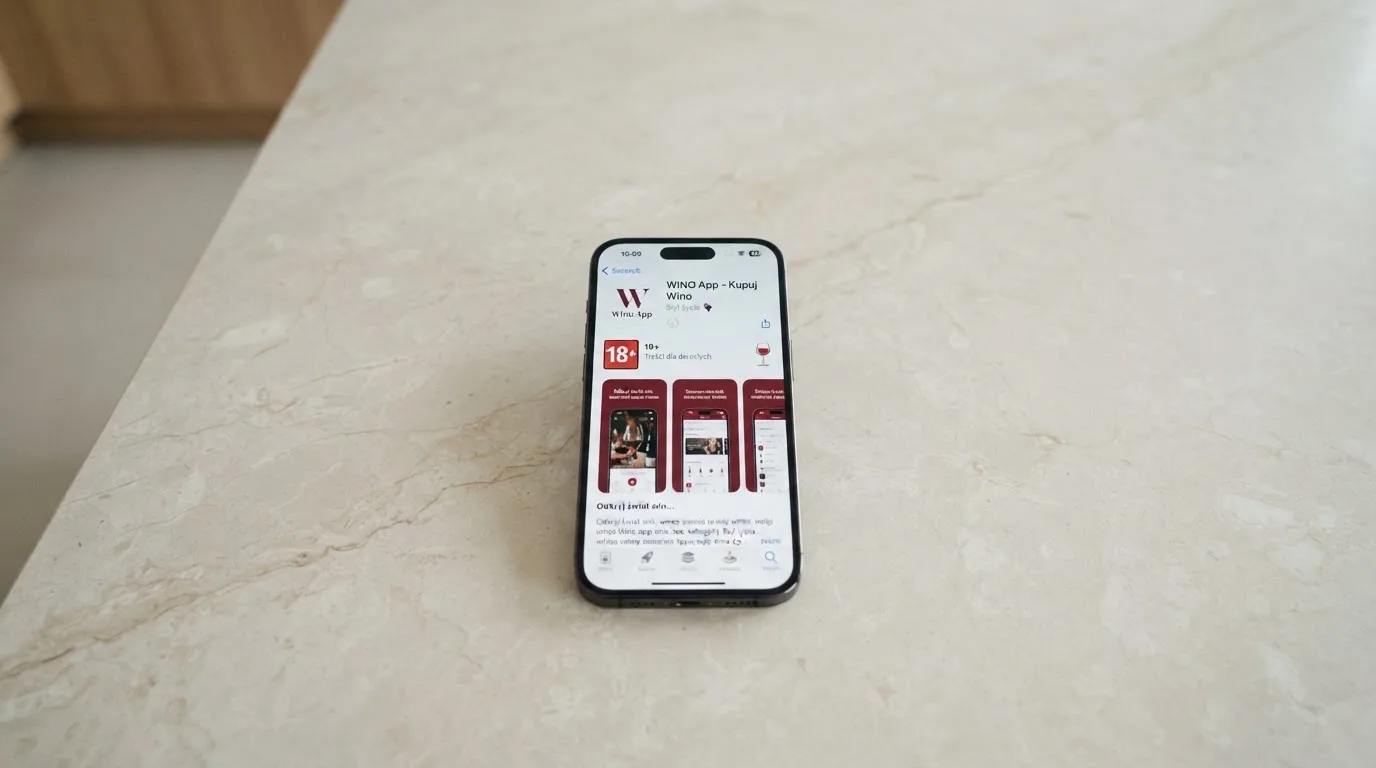Smartfon na stole z otwartą stroną aplikacji w sklepie i widoczną kategorią wiekową 18+
