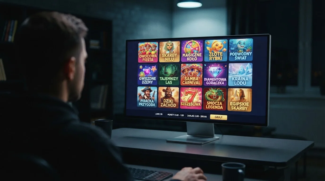 Monitor z siatką miniatur automatów wideo i widocznym polem wyboru stawki za linię