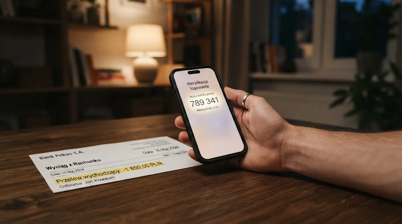 Dłoń trzymająca smartfon z sześciocyfrowym kodem BLIK obok wyciągu bankowego z przelewem wypłaty na rachunek gracza