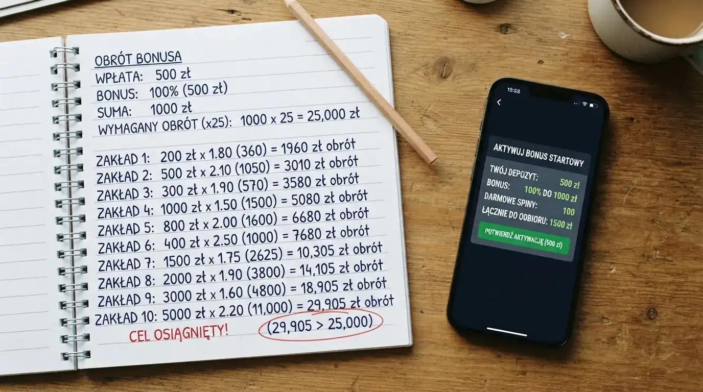 Notatnik z ręcznym wyliczeniem obrotu bonusu obok kalkulatora i telefonu z ekranem aktywacji środków bonusowych