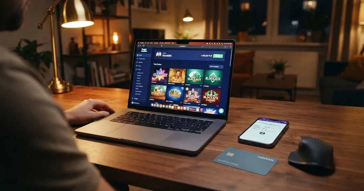 Laptop z otwartym saldem konta gracza w złotych obok karty płatniczej i telefonu z oknem potwierdzenia wpłaty